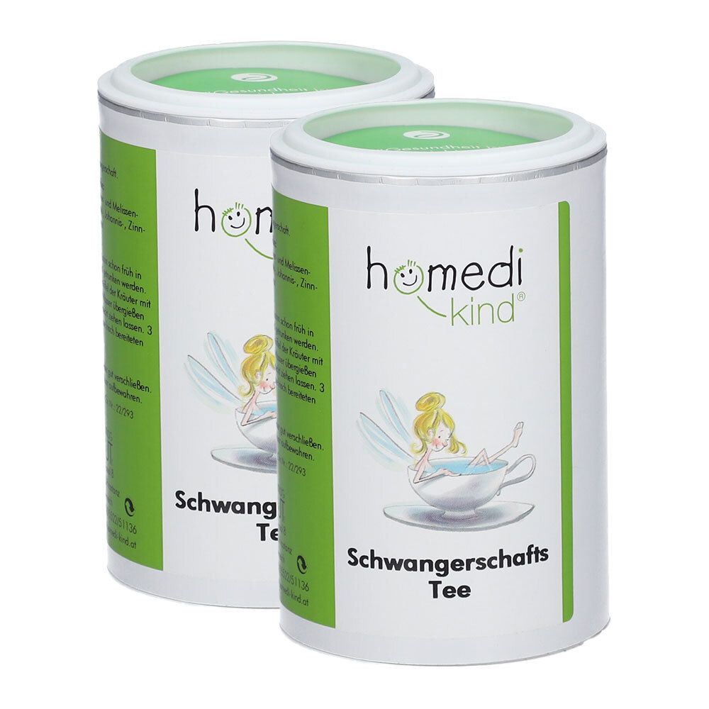 Zwei Dosen homedi-kind® SchwangerschaftsTee mit Elfenmotiv und Tassensymbol.