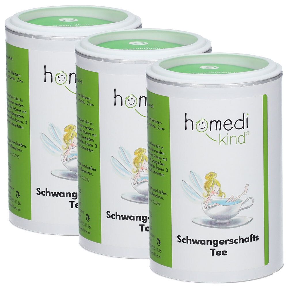 Drei Dosen homedi-kind® Schwangerschafts Tee mit Elfenmotiv.