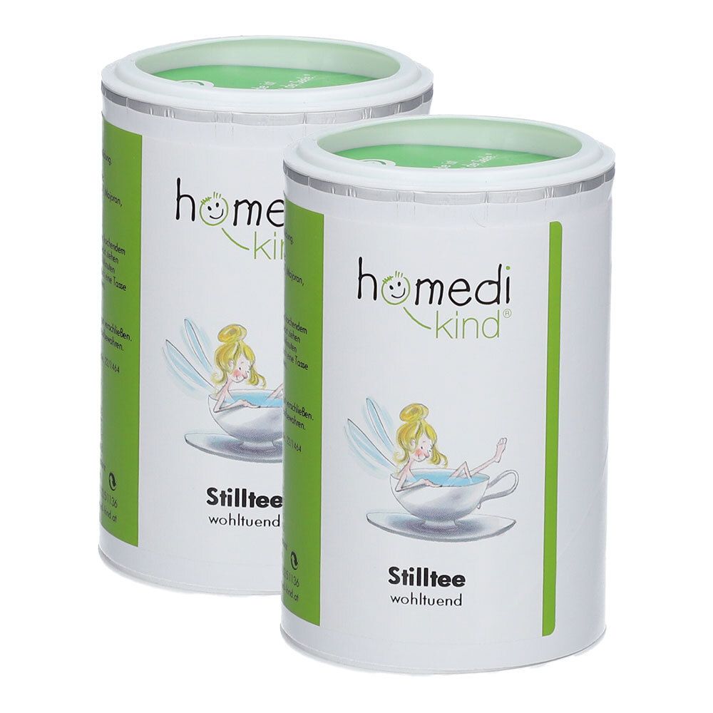 Zwei Dosen homedi-kind Stilltee mit Feenmotiv und Aufschrift 'Stilltee wohltuend'.