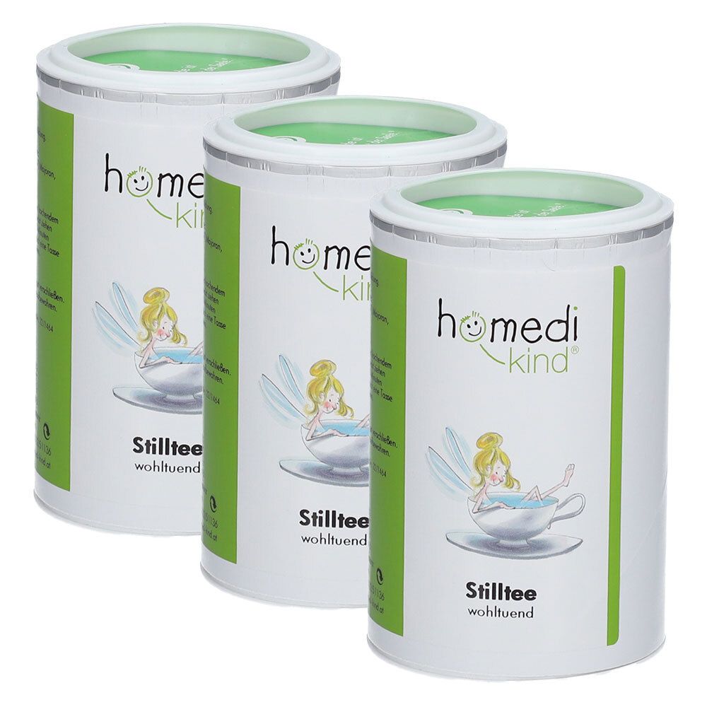 Drei Dosen homedi-kind® Stilltee mit Feenmotiv und Aufschrift 'Stilltee wohltuend'.
