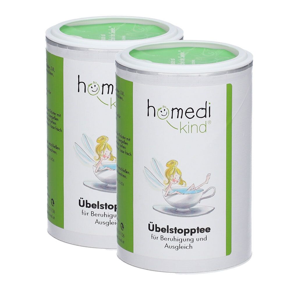 Zwei Dosen homedi-kind® Übelstopptee mit Feen-Illustration. Weiß-grünes Design.