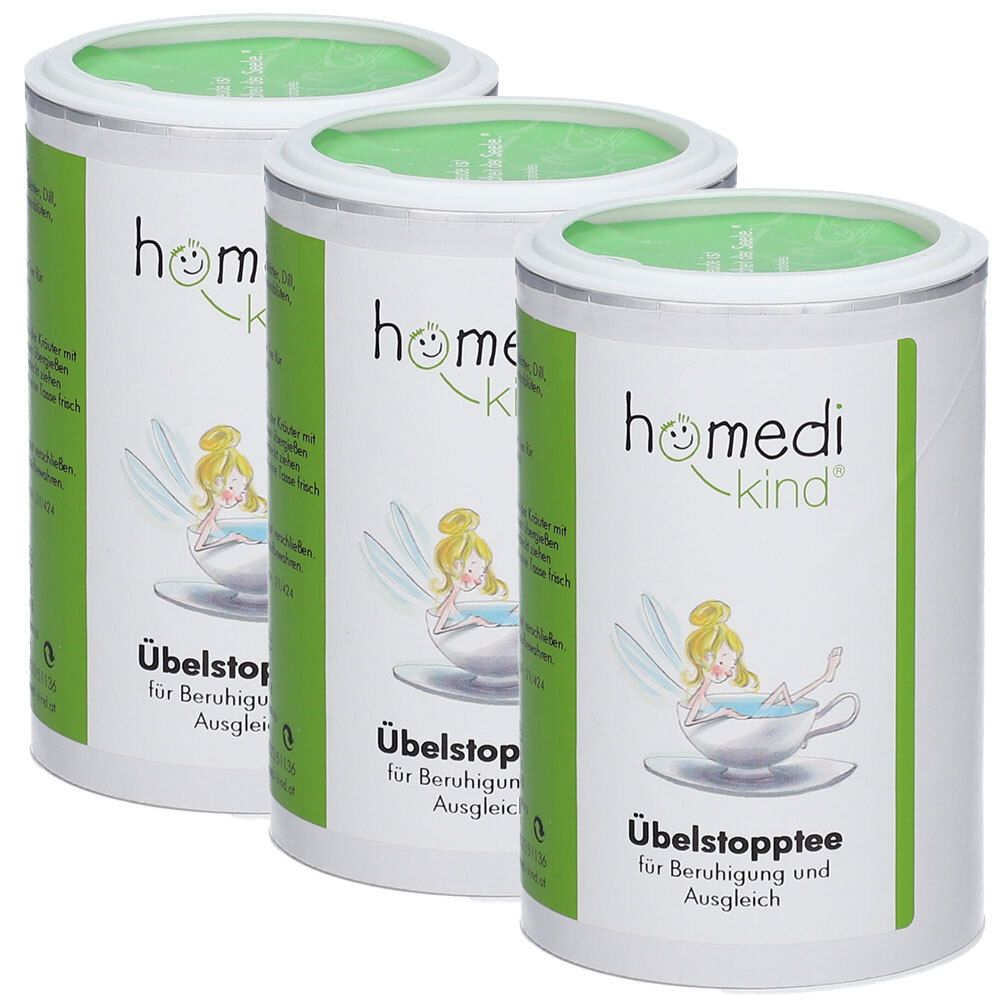 Drei Dosen homedi-kind® Übelstopptee mit Feenmotiv. Weiß und grün.