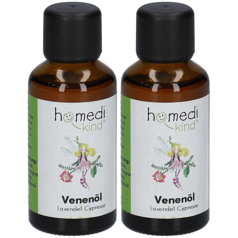 Zwei Flaschen Venenöl Lavendel-Cypresse von homedi-kind mit Feenmotiv.