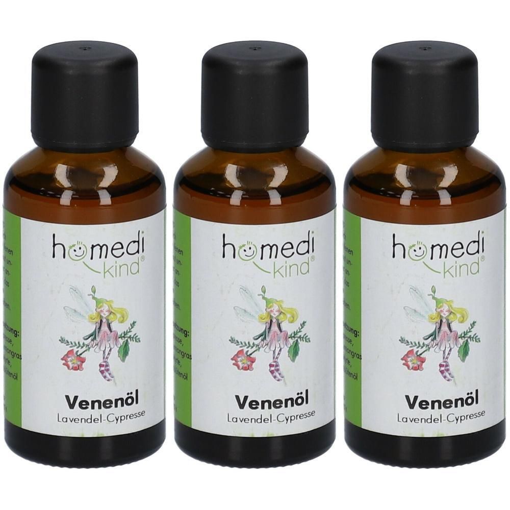Drei Flaschen homedi-kind Venenöl mit Lavendel und Zypresse. Braune Glasflaschen mit schwarzen Verschlüssen und weißen Etiketten.