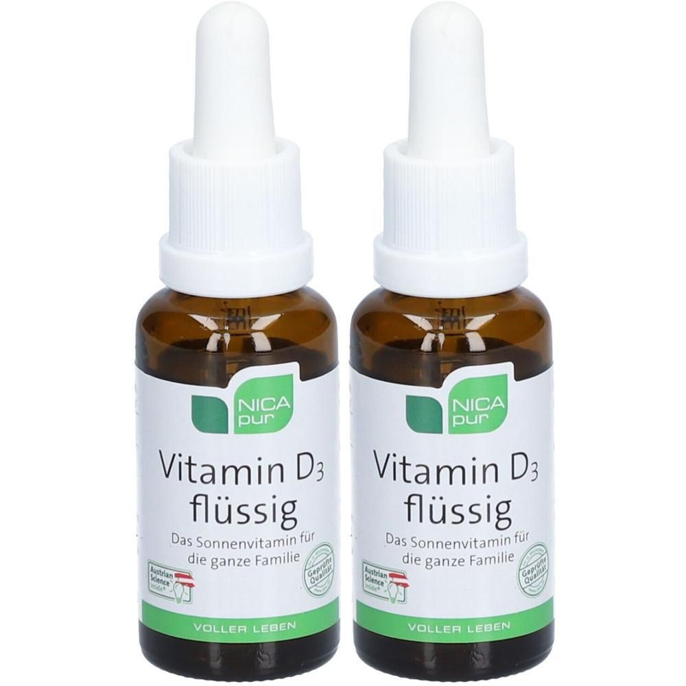 Zwei braune Glasflaschen mit Pipettenverschluss, Nica pur Vitamin D3 flüssig.