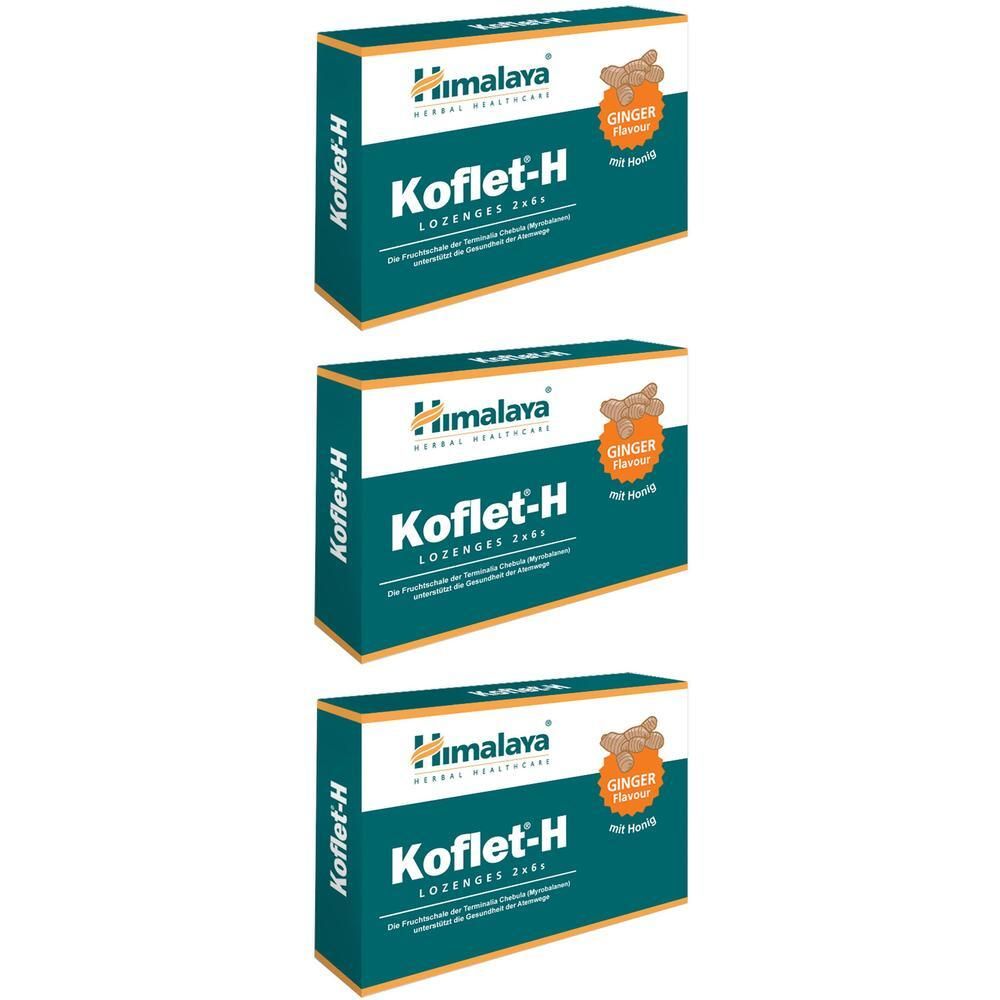 Drei Packungen Himalaya Koflet-H Ingwer-Lutschtabletten.