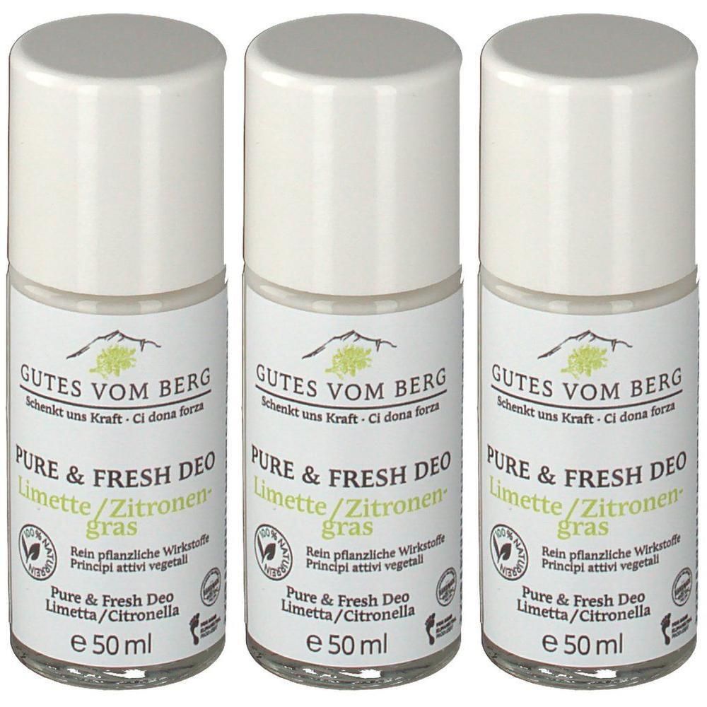 Drei Roll-on-Deodorants. Weißer Deckel, Etikett mit Text: GUTES VOM BERG, Pure & Fresh Deo Limette/Zitronengras, 50 ml.