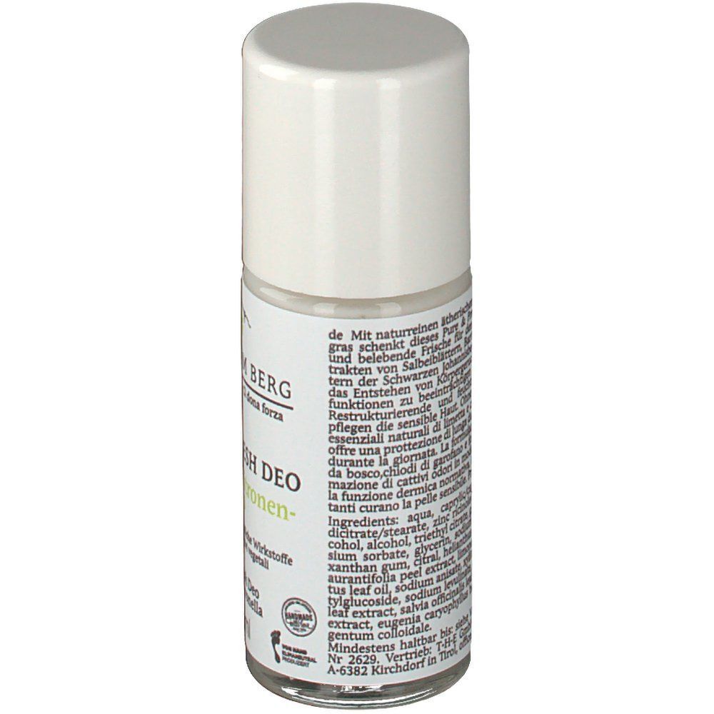 Roll-on-Deo mit weißem Deckel. Etikett mit Text: GUTES VOM BERG, Pure & Fresh Deo Limette/Zitronengras. Rückseite mit Inhaltsstoffen.