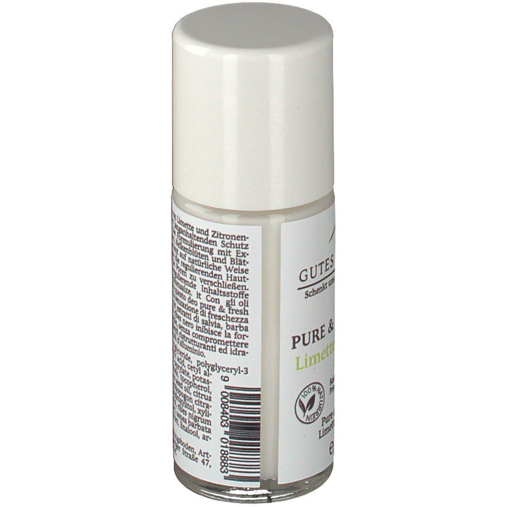 Roll-on-Deo mit weißem Deckel. Etikett mit Text: GUTES VOM BERG, Pure & Fresh Deo Limette/Zitronengras. Rückseite mit Inhaltsstoffen.