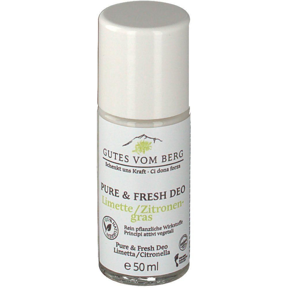 Deo-Roller mit weißem Deckel. Aufschrift: GUTES VOM BERG, Pure & Fresh Deo Limette/Zitronengras. Mit Natur-Siegel.