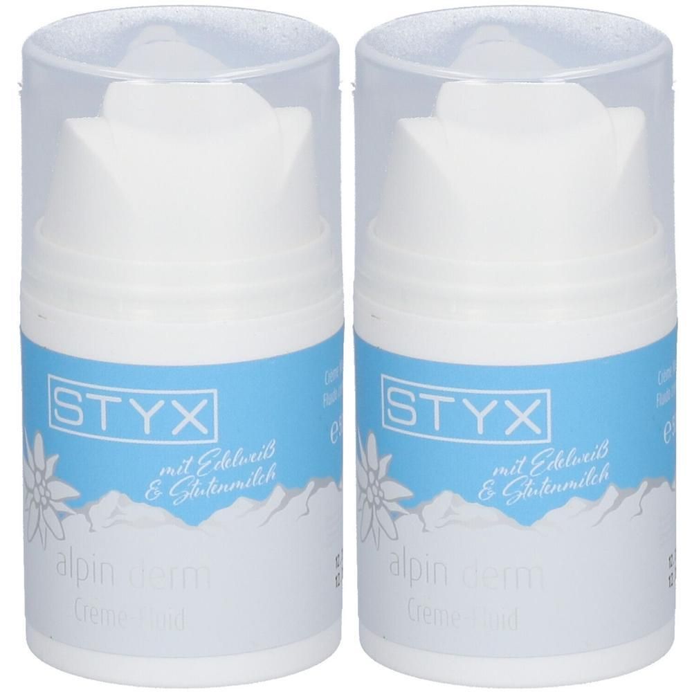 Zwei weiße Pumpspender mit blauem Etikett, das Edelweiß und Berge zeigt. Marke: STYX.