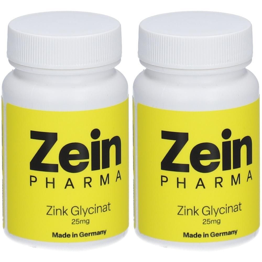 Zwei weiße Flaschen mit gelben Etiketten. Auf den Etiketten steht "Zein Pharma Zink Glycinat 25mg Made in Germany".