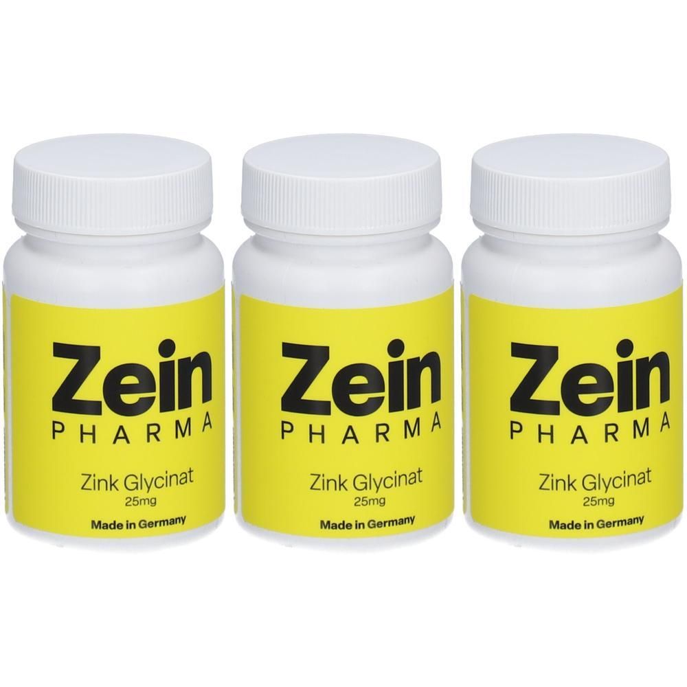 Drei weiße Pillendosen mit gelben Etiketten. Auf den Etiketten steht "Zein Pharma", "Zink Glycinat 25mg" und "Made in Germany".