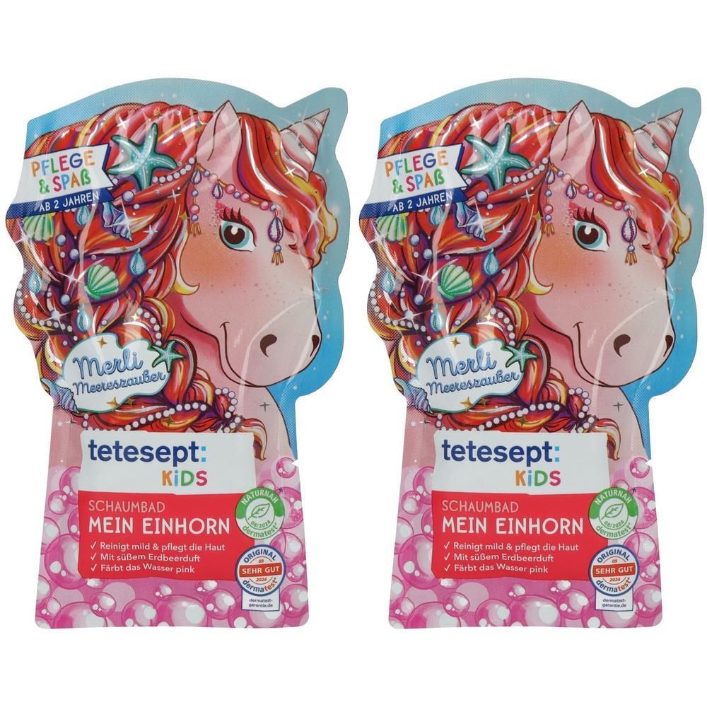 Zwei Packungen tetesept Kids Schaumbad Mein Einhorn mit Meerjungfrauen-Einhorn-Motiv. Für Kinder ab 2 Jahren.
