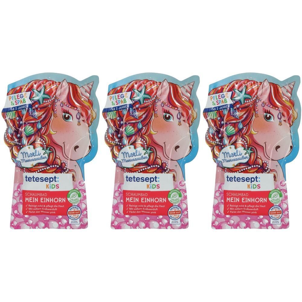 Drei Tetesept Kinder Schaumbäder mit Einhorn-Motiv. Jede Packung zeigt ein Einhorn mit Perlen und Muscheln.