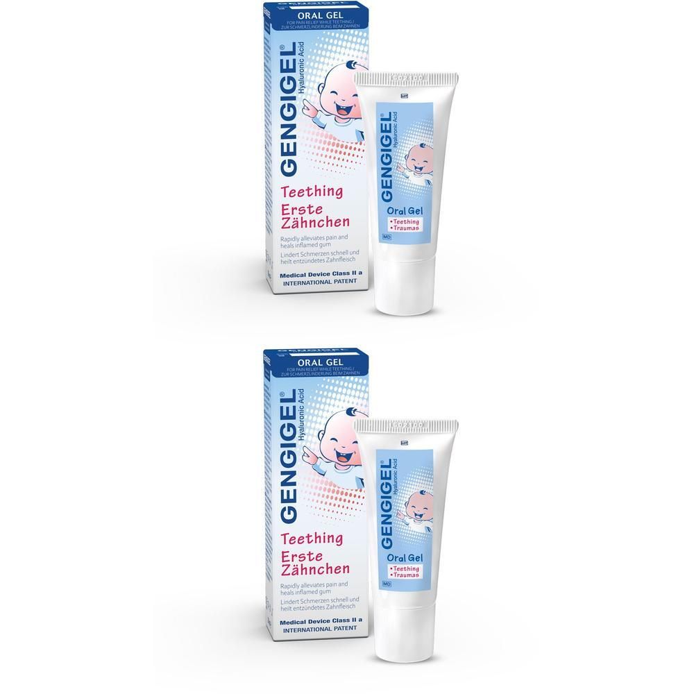 Zwei Packungen und Tuben GENGIGEL® Zahnfleisch-Gel Erste Zähnchen. Blaue Verpackung mit Baby-Illustration und Produktnamen.