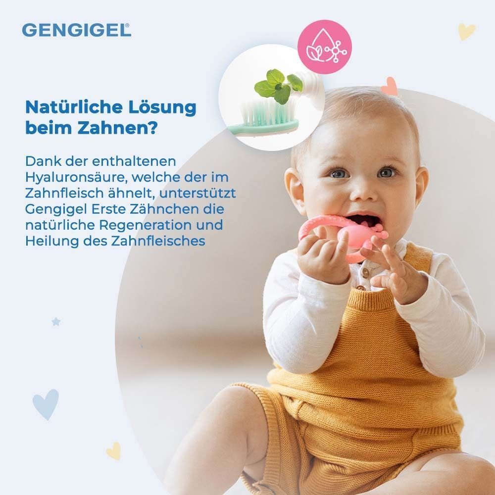 Baby mit Spielzeug im Mund. Im Hintergrund eine Zahnbürste und Minze. Text: Natürliche Lösung beim Zahnen.