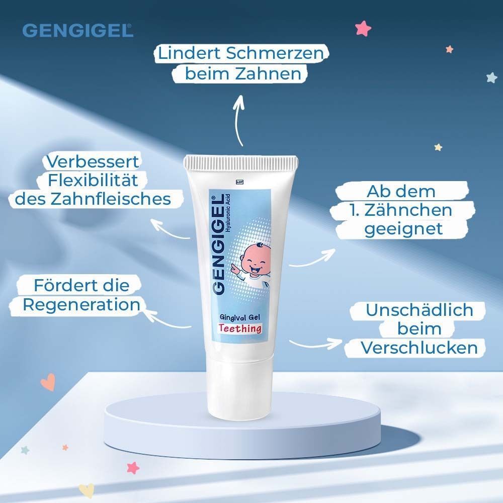 Tube GENGIGEL® Zahnfleisch-Gel Erste Zähnchen auf Podest. Text: Lindert Schmerzen, fördert Regeneration, ab dem 1. Zähnchen geeignet.
