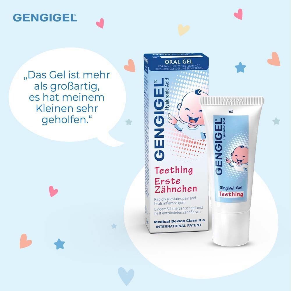 Tube und Verpackung GENGIGEL® Zahnfleisch-Gel Erste Zähnchen. Text: Das Gel ist mehr als großartig, es hat meinem Kleinen sehr geholfen.