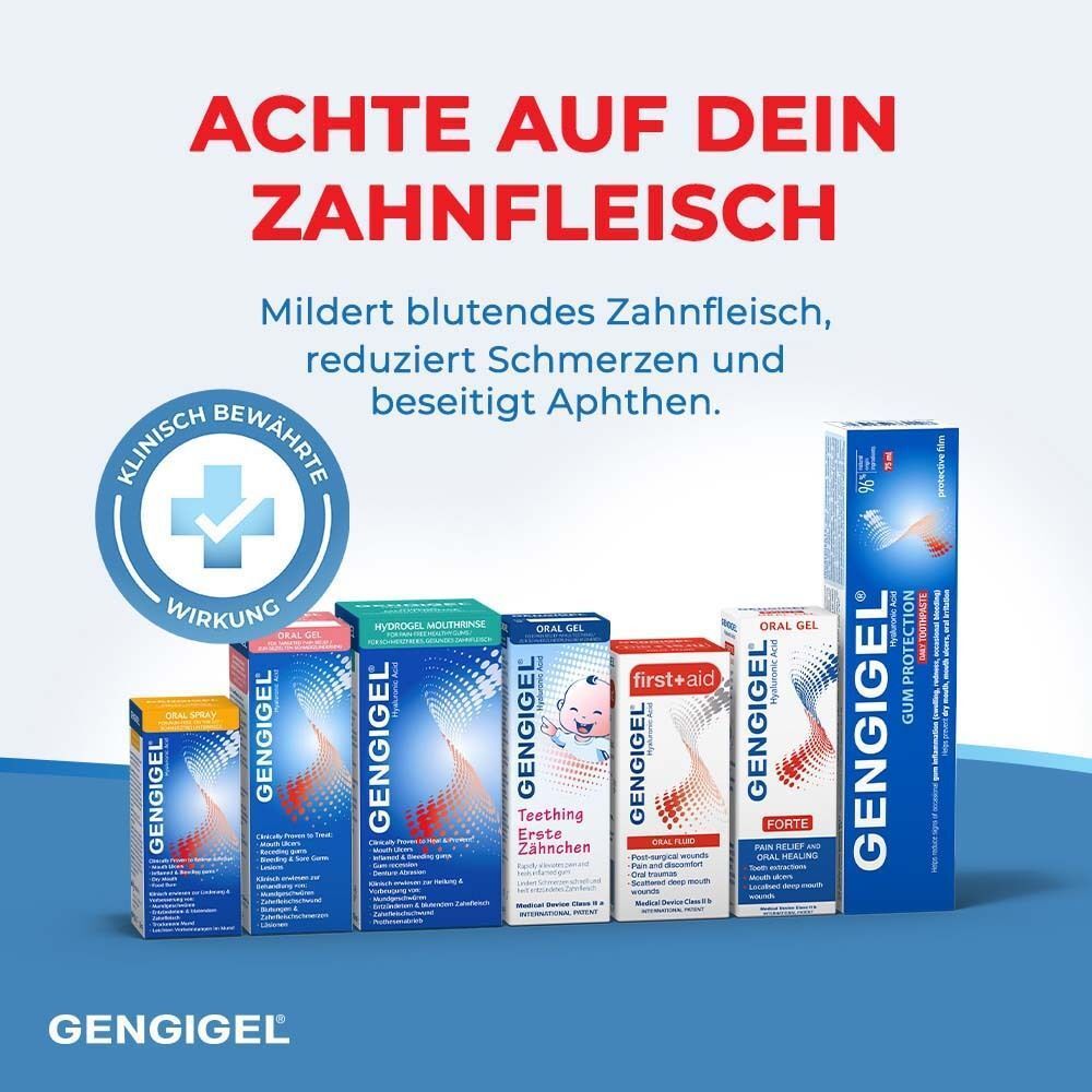 Verschiedene GENGIGEL® Produkte. Text: Achte auf dein Zahnfleisch. Mildert blutendes Zahnfleisch, reduziert Schmerzen und beseitigt Aphthen.