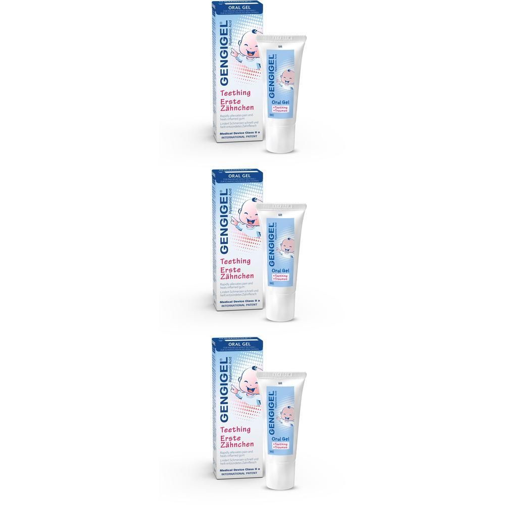 Zahnfleisch-Gel und Verpackung. Tube und Schachtel mit Produktnamen und Baby-Illustration. Blau-weißes Design.