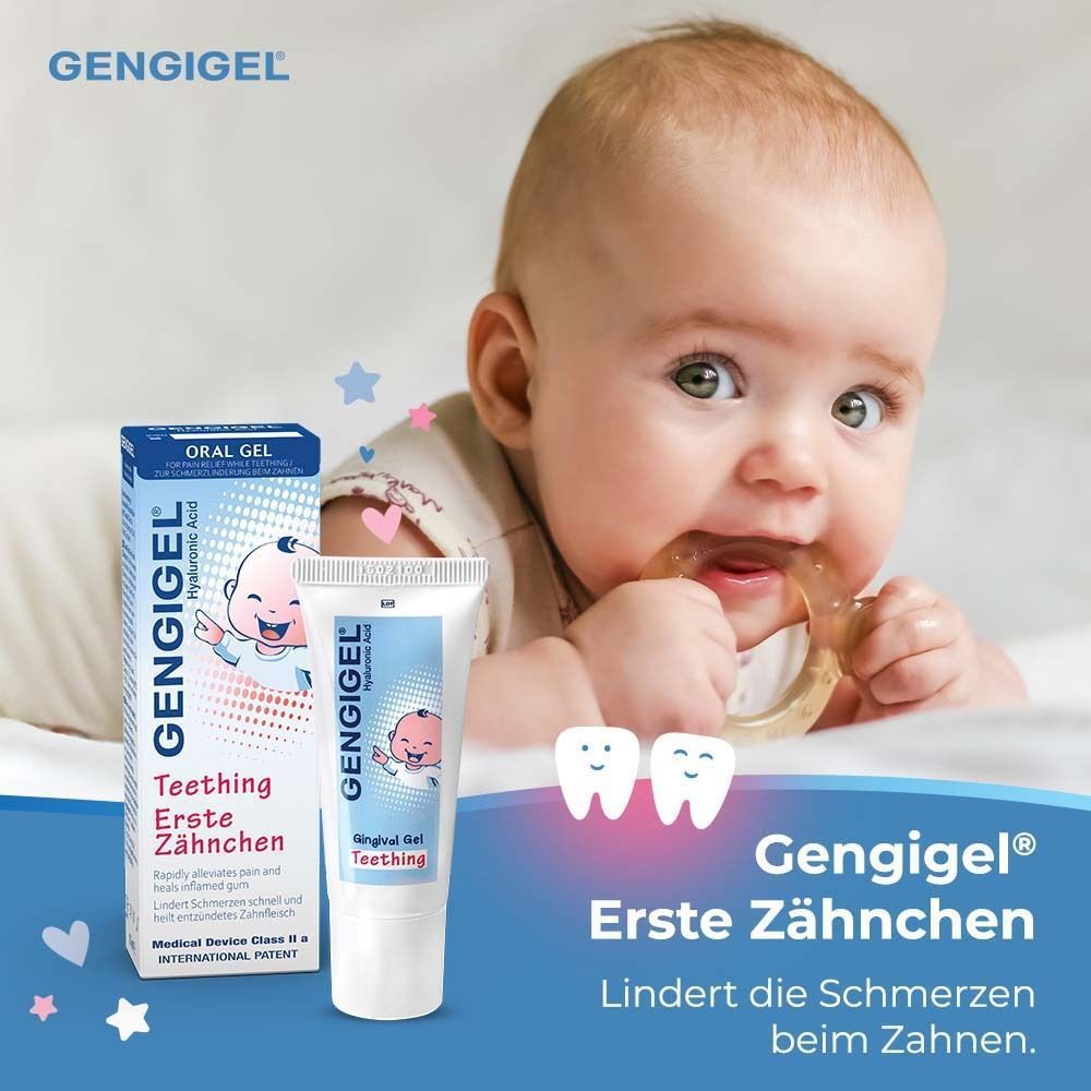 Baby mit Beißring, neben Produkt-Tube und Verpackung. Text: Lindert die Schmerzen beim Zahnen.