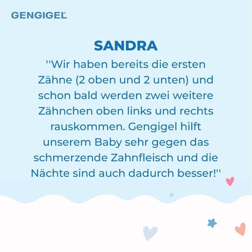 Text-Zitate von Sandra über die Hilfe des Gels bei schmerzenden Zahnfleisch und bessere Nächte.