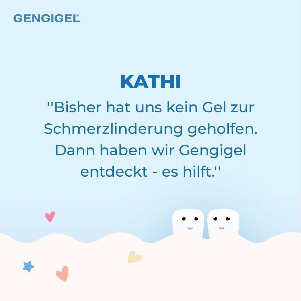 Text-Zitat von Kathi: Gel hilft. Zwei lächelnde Zähne. Hintergrund mit Herzen und Sternen.