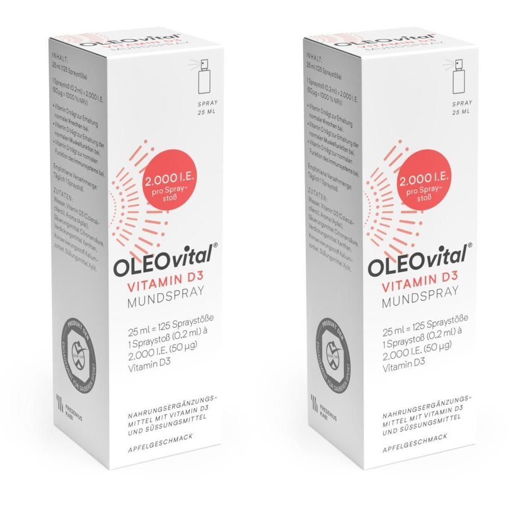 Zwei OLEOvital Vitamin D3 Mundspray-Packungen. Weiße Kartons mit Produktnamen, Dosierung und Sprühflaschen-Symbol. Apfelgeschmack.