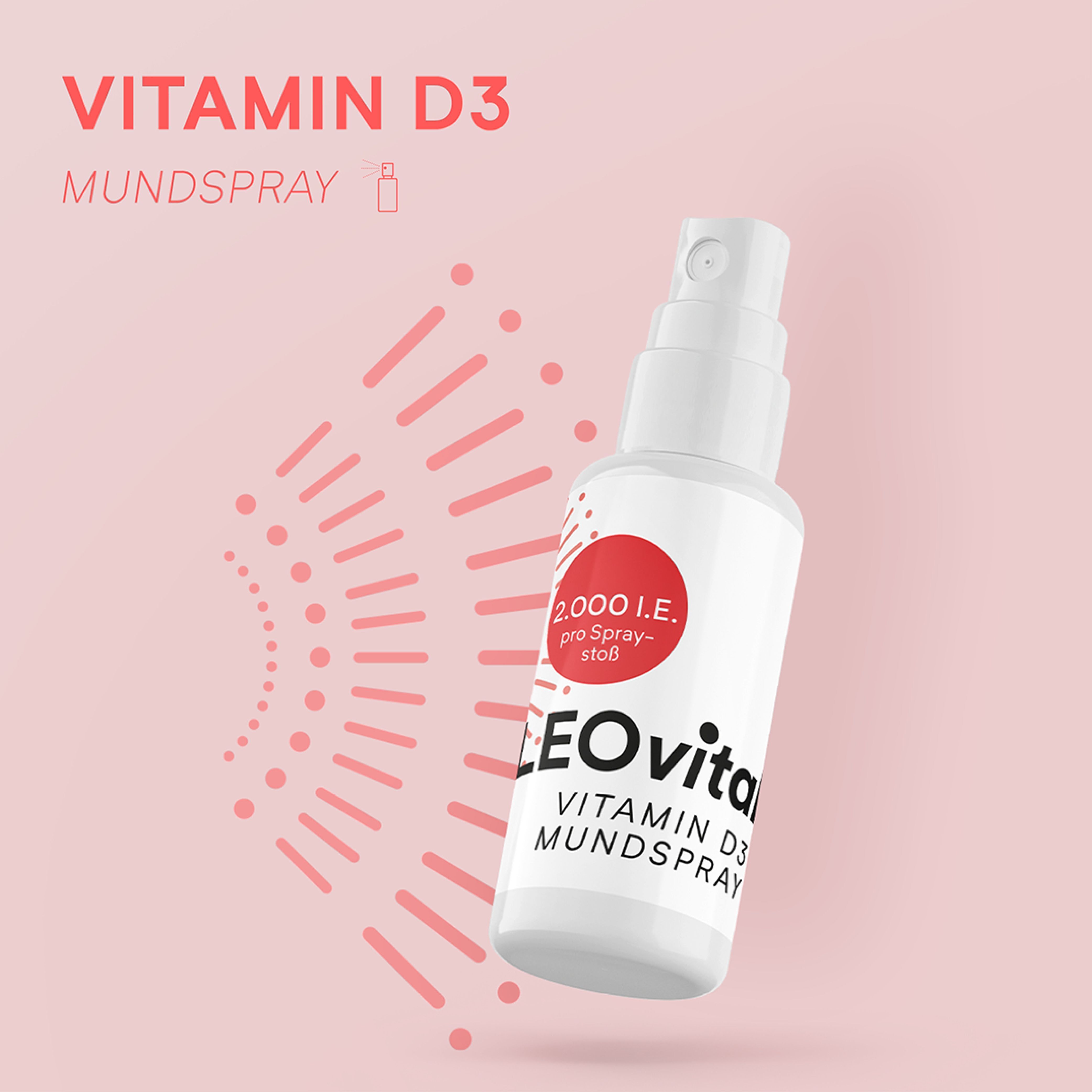 Weiße OLEOvital Vitamin D3 Mundspray-Flasche. Roter Kreis mit Dosierungsangabe. Aufschrift: Vitamin D3 Mundspray. Rosa Hintergrund mit Designelementen.