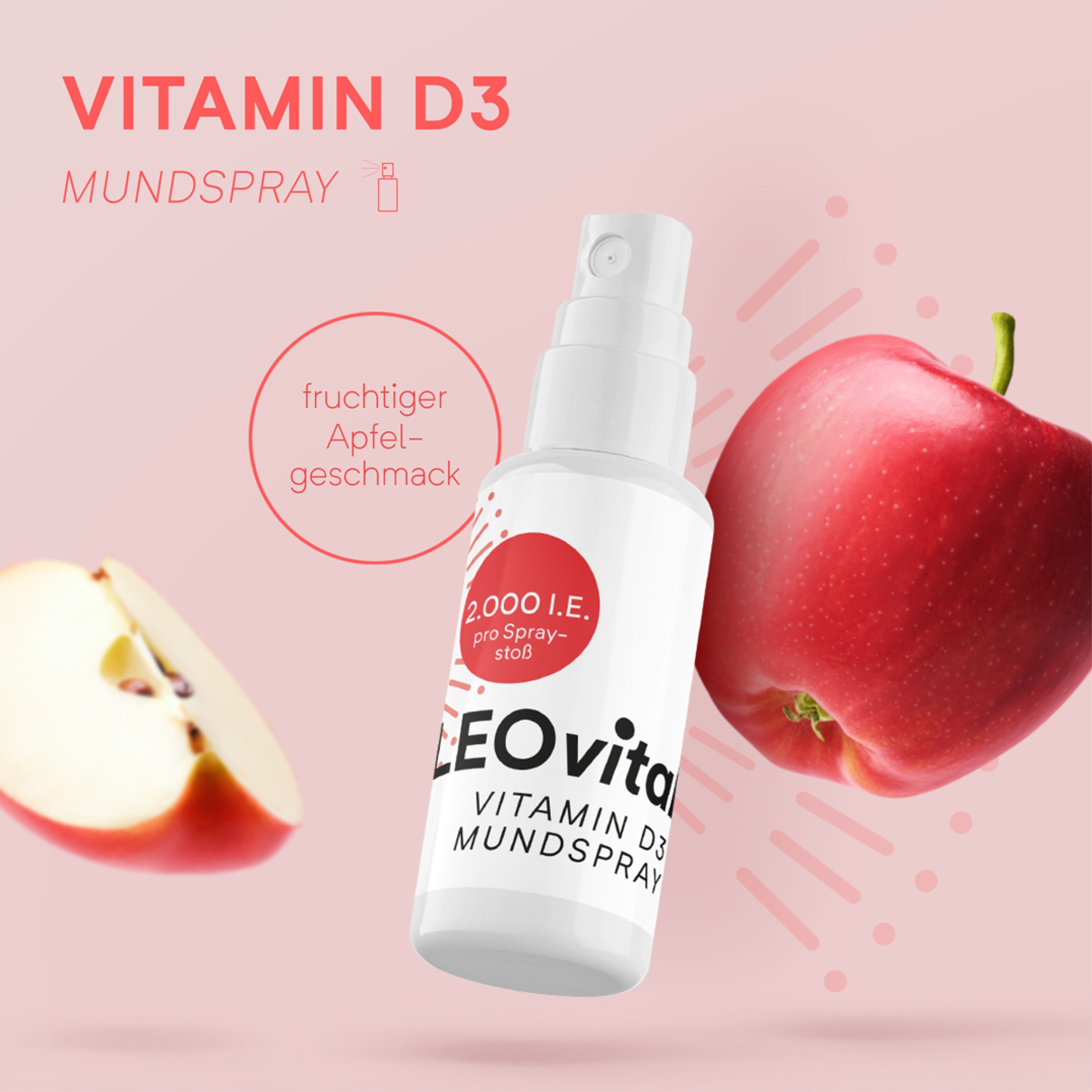 Weiße OLEOvital Vitamin D3 Mundspray-Flasche und Apfel. Roter Kreis mit Dosierungsangabe. Aufschrift: Vitamin D3 Mundspray. Fruchtiger Apfelgeschmack.