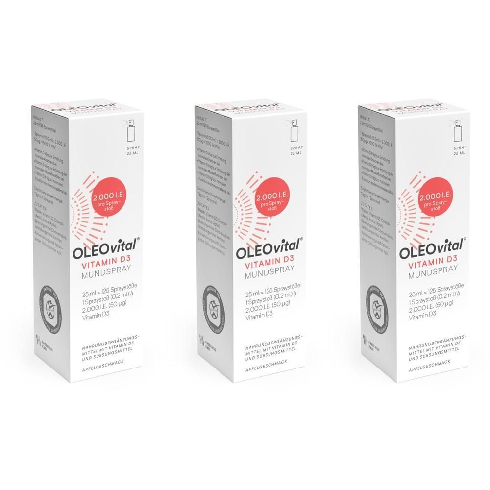 Drei weiße Kartons mit OLEOvital Vitamin D3 Mundspray. Aufdruck: 2.000 I.E. pro Sprühstoß. Text in Deutsch.