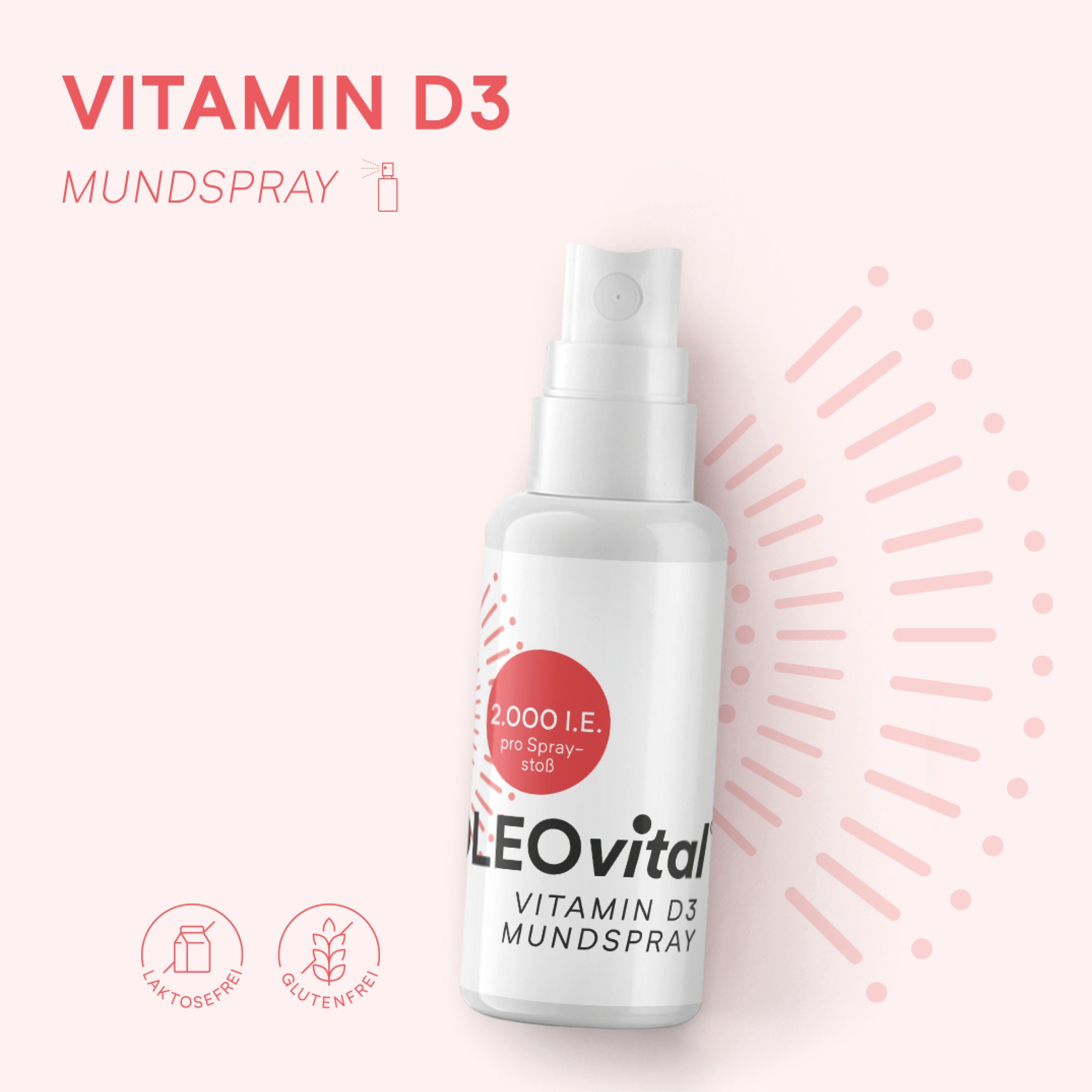 Weiße Sprühflasche OLEOvital Vitamin D3 Mundspray. Roter Kreis mit Text: 2.000 I.E. pro Sprühstoß. Hintergrund: rosa.