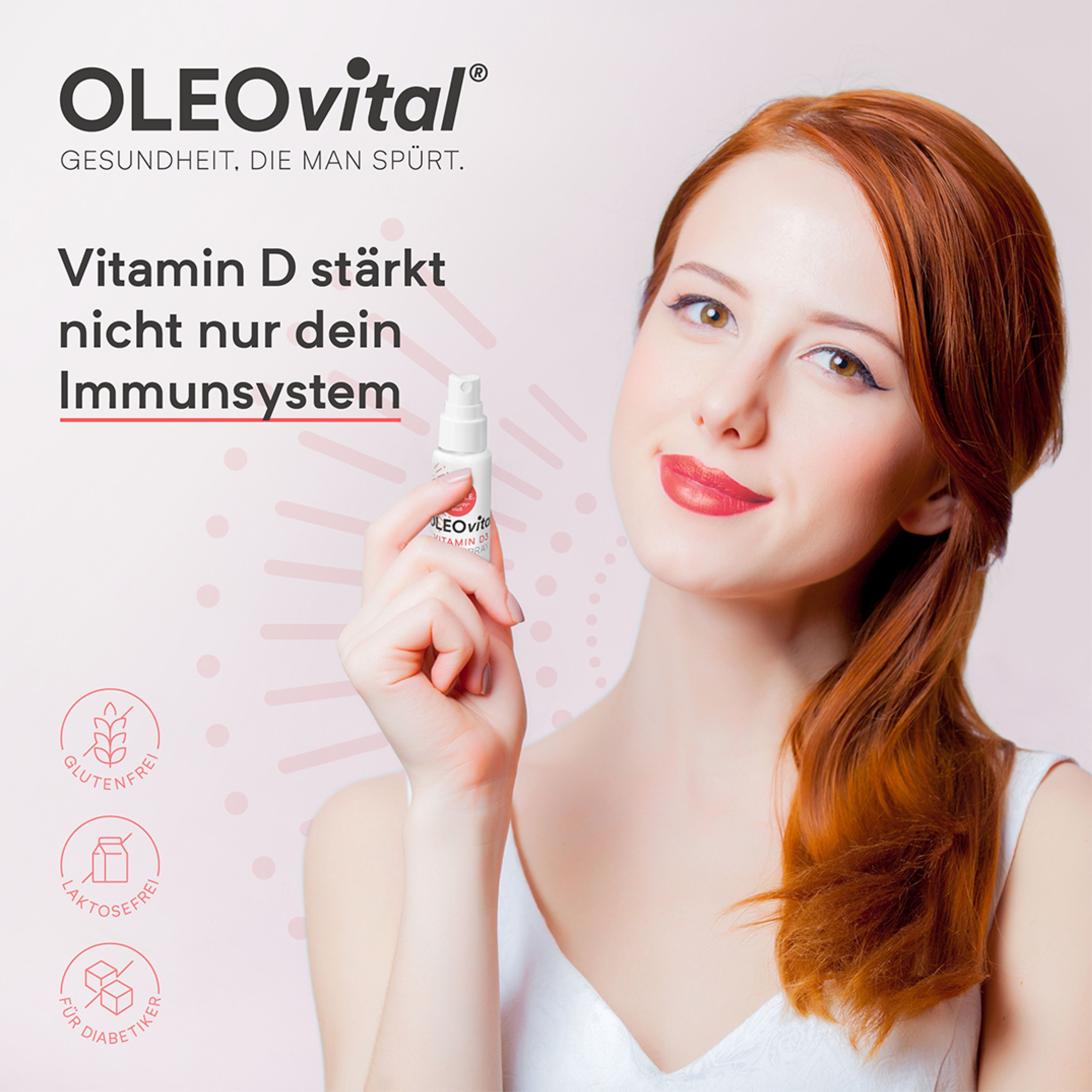 Frau hält OLEOvital Vitamin D3 Mundspray. Aufdruck: Glutenfrei, Laktosefrei, Für Diabetiker geeignet. Hintergrund: weiß.