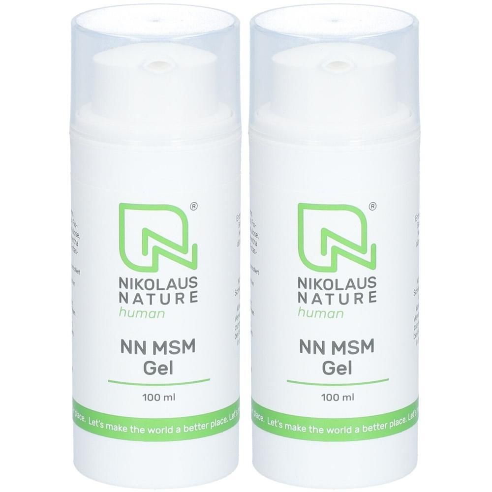 Zwei weiße Flaschen mit grünem Logo und Schriftzug: NIKOLAUS NATURE human NN MSM Gel. Klare Kappe. 100 ml.