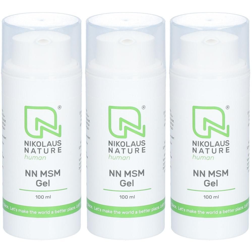 Drei weiße Flaschen mit transparenten Deckeln. Aufschrift: NIKOLAUS NATURE human NN MSM Gel, 100 ml.