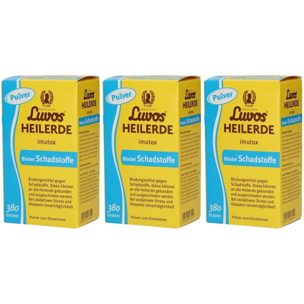 Drei Packungen Luvos Heilerde imutox Pulver zur inneren Anwendung, 380g pro Packung.