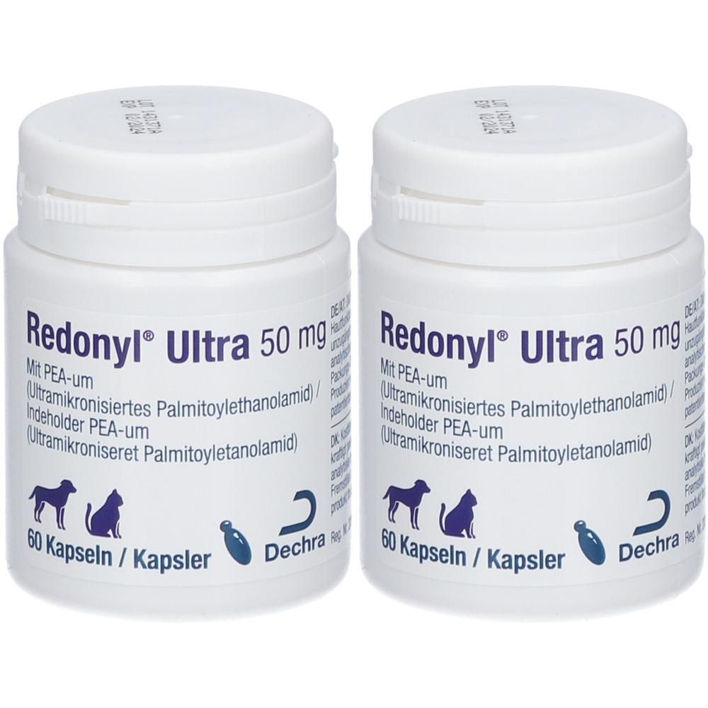 Zwei weiße Flaschen mit dem Aufdruck "Redonyl Ultra 50 mg". Aufschrift: 60 Kapseln. Logos von Hund, Katze und Dechra.