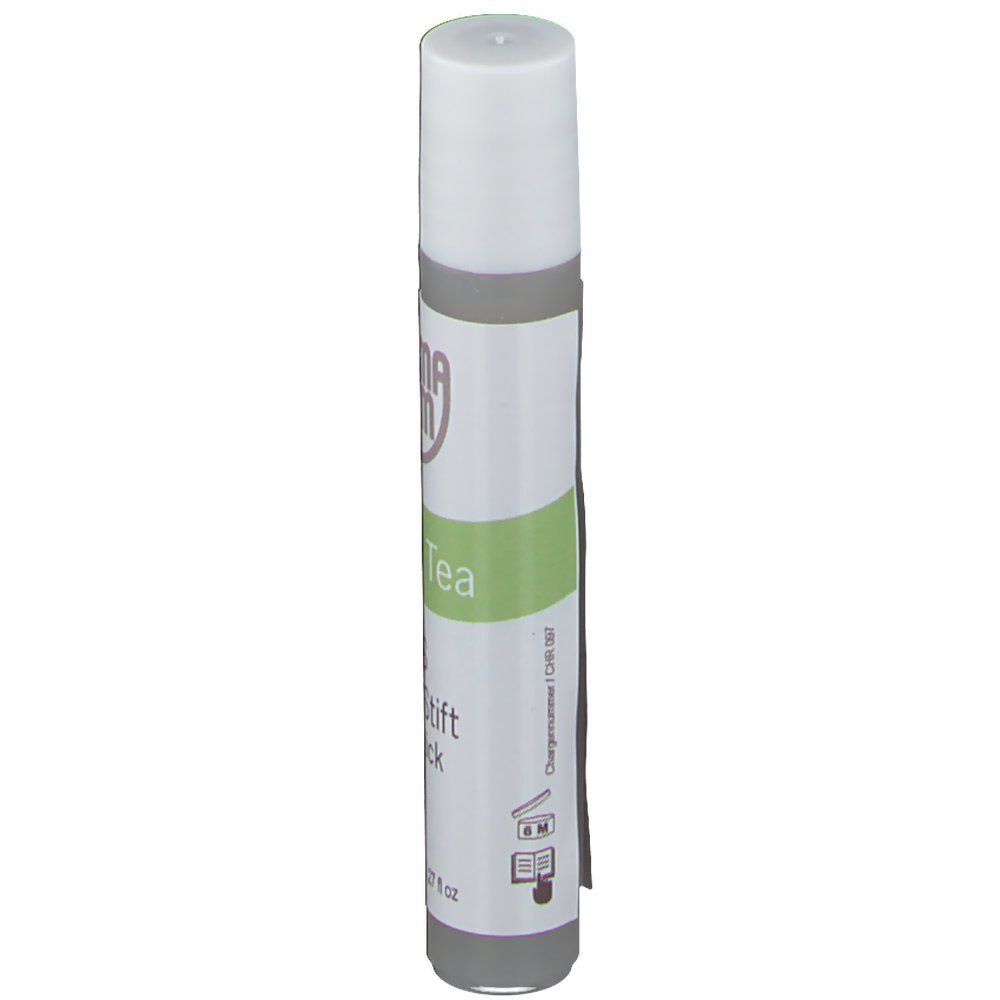 Ein AROMA DERM Green Tea SOS Pickel-Stift, 8ml. Weiße Kappe, grauer Behälter mit grünen und weißen Etiketten.
