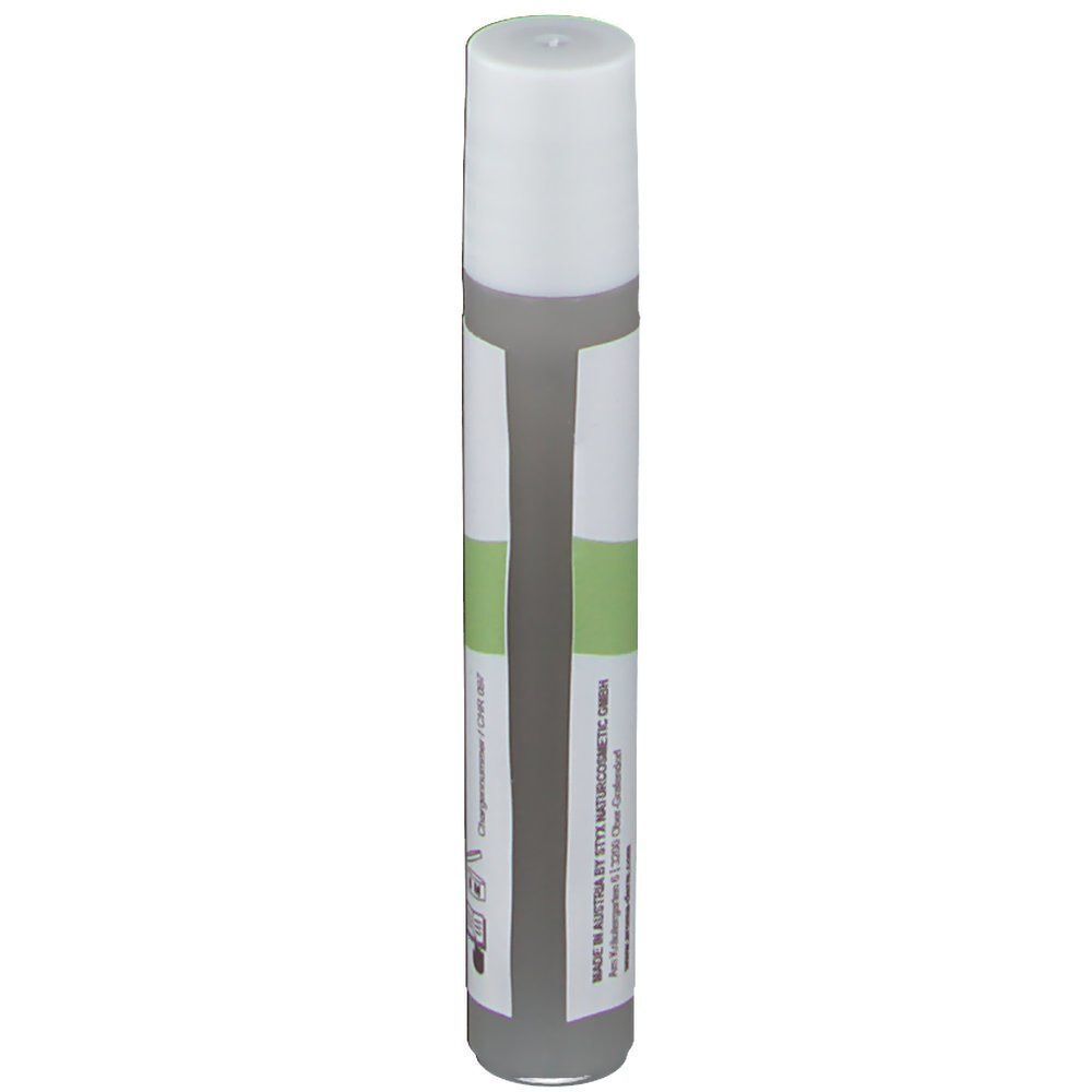 Rückseite eines AROMA DERM Green Tea SOS Pickel-Stifts, 8ml. Grauer Behälter mit Etiketten und Produktinformationen.