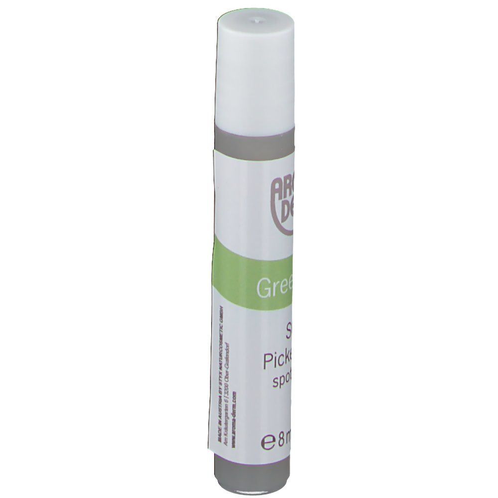 Ein AROMA DERM Green Tea SOS Pickel-Stift, 8ml. Weiße Kappe, grauer Behälter mit grünen und weißen Etiketten.
