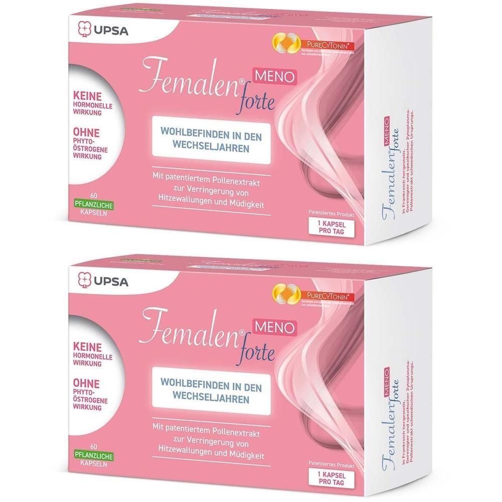 Zwei Packungen Femalen® forte MENO. Rosa Verpackung mit Produktnamen und Logo. 60 Kapseln.