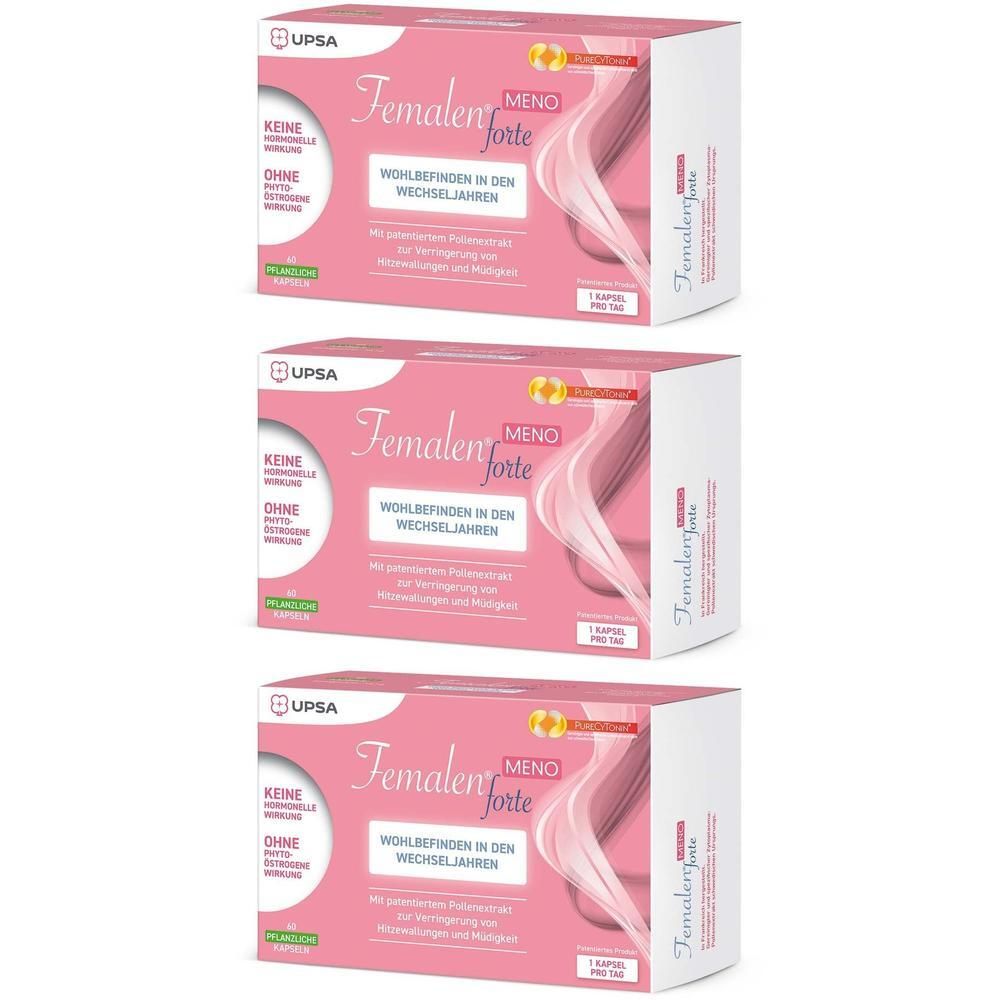 Drei Packungen Femalen® forte MENO. Rosa Verpackung mit Produktnamen und Logo. Text: Wohlbefinden in den Wechseljahren.