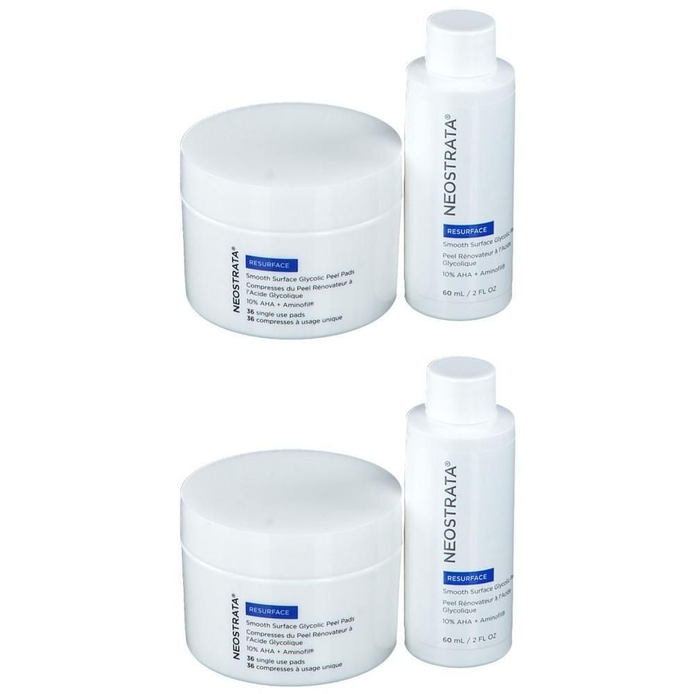 Zwei Sets von Neostrata Resurface Smooth Surface Glycolic Peel Pads und Lösung.