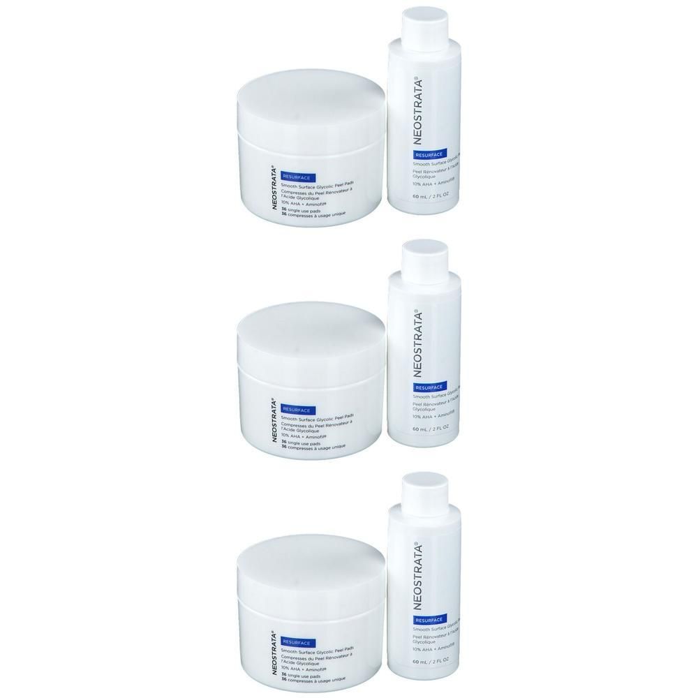 Drei Sets von Neostrata Peeling Pads und Lotionen in weißen Behältern.