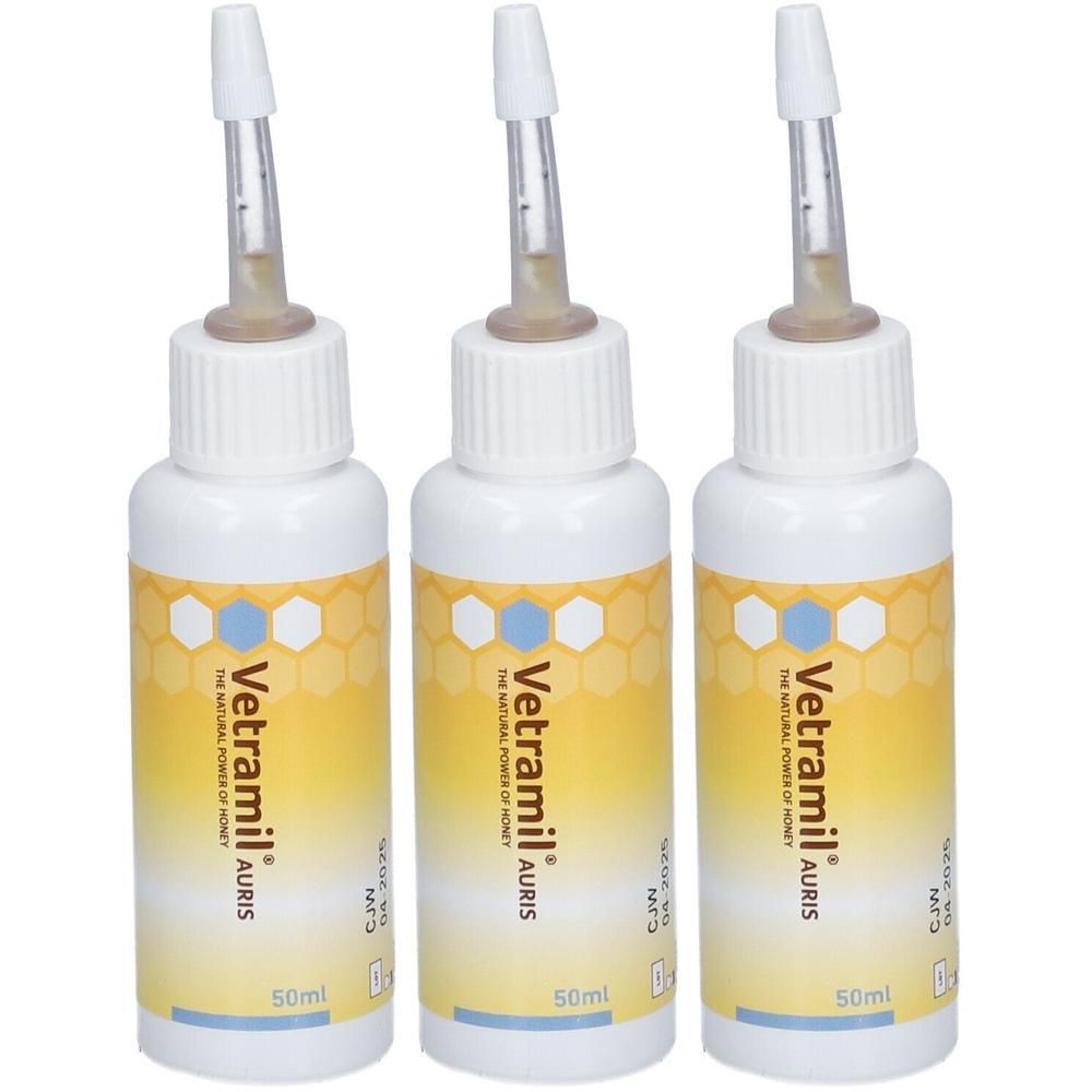 Drei weiße Flaschen mit gelben Etiketten. Aufschrift: Vetramil AURIS. Mit Applikator. 50ml.