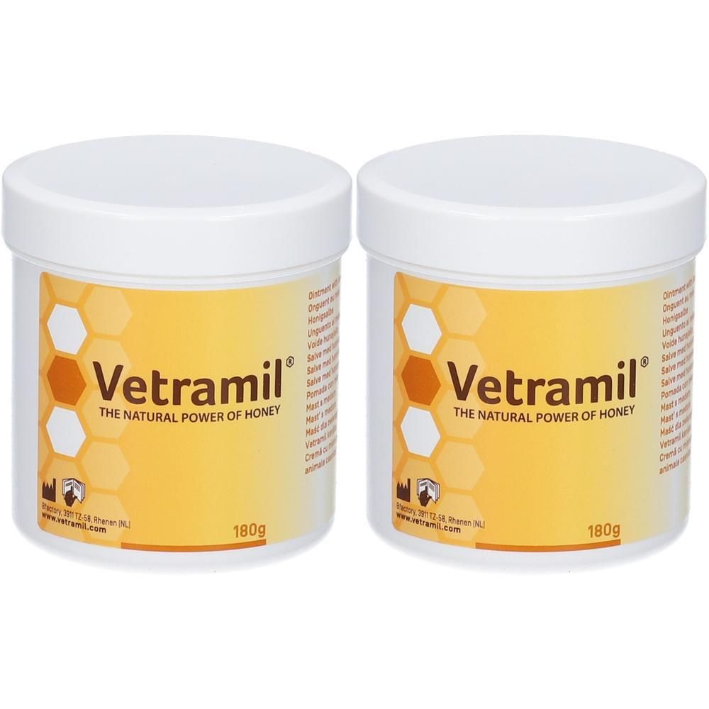 Zwei weiße Tiegel mit Vetramil Honigsalbe, jeweils 180g. Gelbes Etikett mit Wabenmuster und Produktnamen.