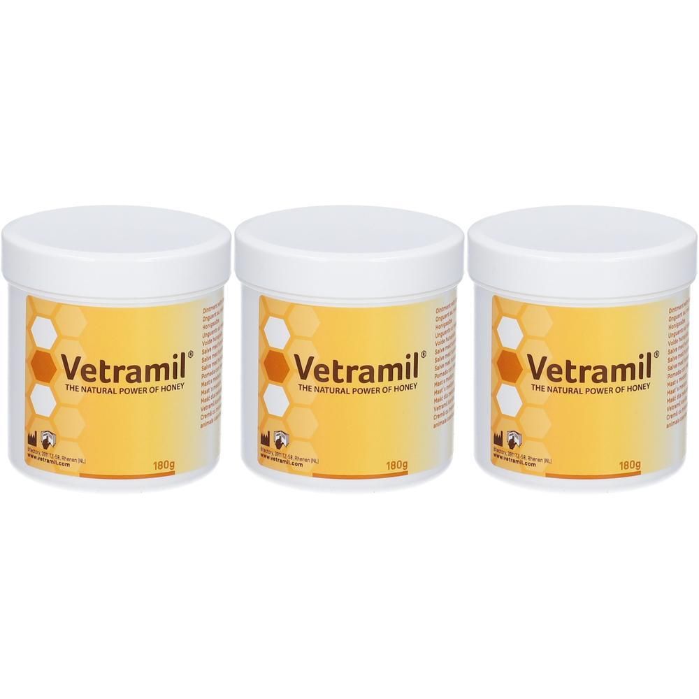 Drei weiße Tiegel mit gelben Etiketten. Auf den Etiketten steht "Vetramil" und "THE NATURAL POWER OF HONEY".