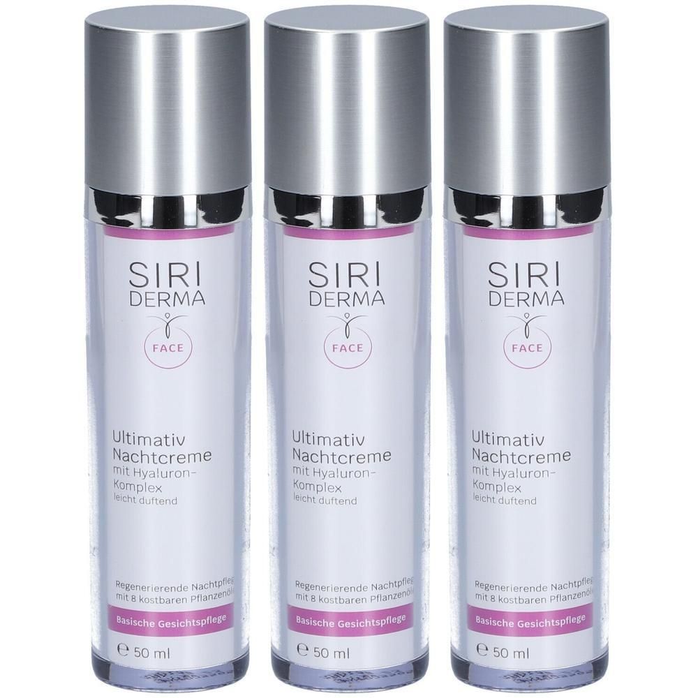 Drei Flakons SIRIDERMA Nachtcreme. Zylinderförmige Behälter mit silberfarbenen Deckeln. Aufschrift: SIRI DERMA, Ultimativ Nachtcreme, 50 ml.