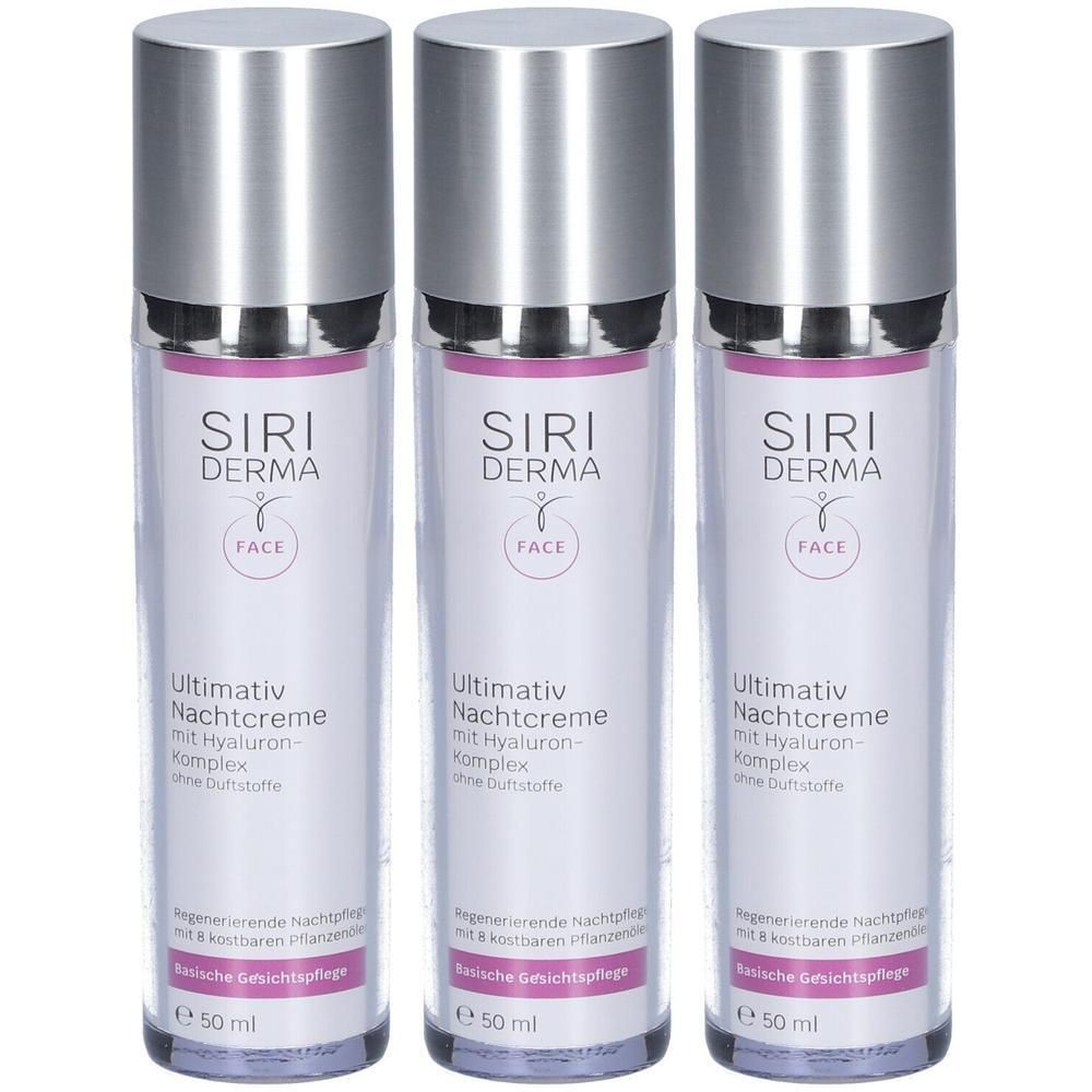 Drei Flaschen SIRIDERMA Nachtcreme. Zylinderförmige Flaschen mit silbernen Deckeln. Aufschrift: SIRIDERMA, Ultimativ Nachtcreme, 50 ml.